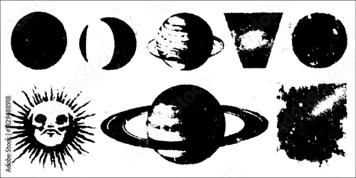 Celestial bodies including the sun, moon, and planets in a monochrome style. Illustrated vector set showcasing various shapes and phases.