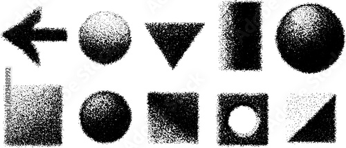 Shapes including arrows, circles, and triangles in black and white. Simple vector illustration with varied textures, forming a cohesive set.