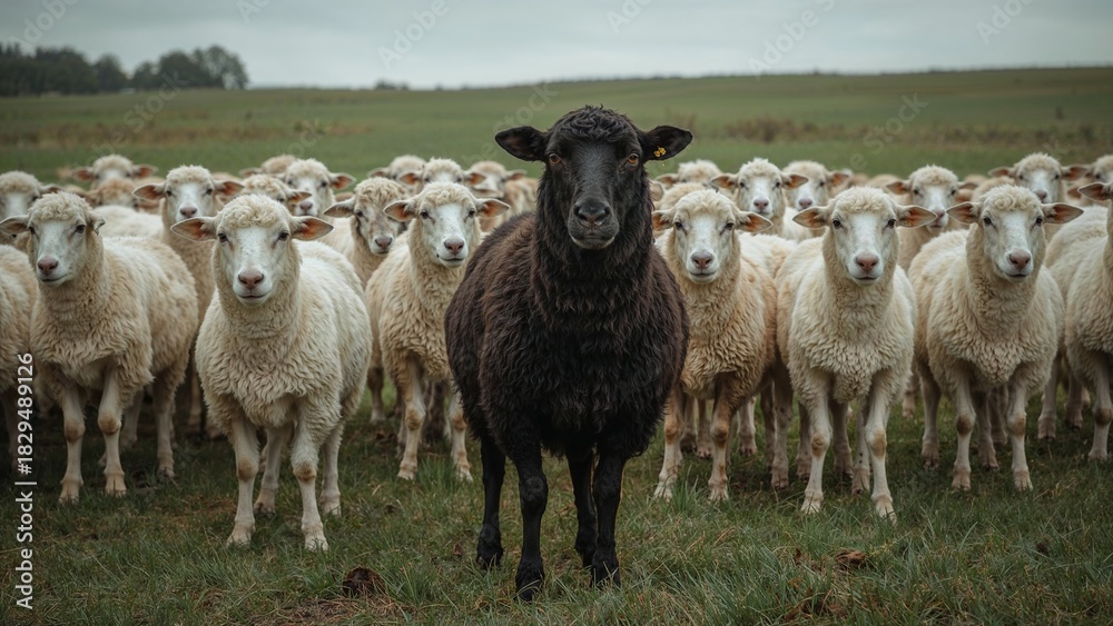 Fototapeta premium Black sheep among white sheep, being different concept