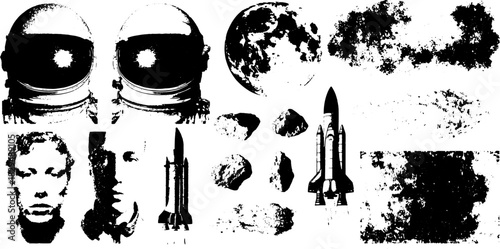 Astronauts and rockets in a black and white set. The illustration features space elements like moons and meteors, creating a textured vector design.