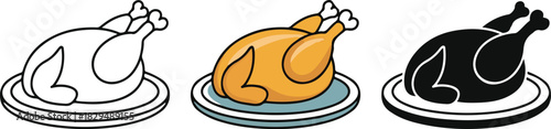 Simple icons of baked bird on platter. Outline, colorful and glyph vector illustration