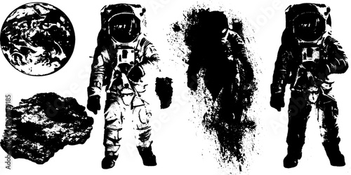 Astronaut illustration featuring Earth and moon in a black and white theme. Vector graphic set showcasing space elements with clear outlines.