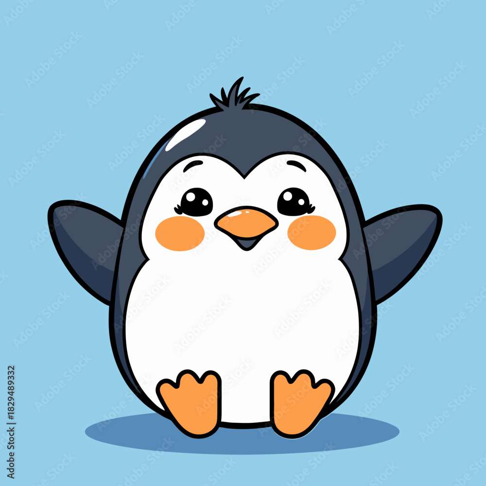 Obraz premium Adorable Cartoon Penguin with Big Eyes and Orange Feet on Light Blue Background