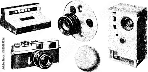 Vintage camera apparatus silhouette in stipple engraving style. Black outline illustrations of various classic devices in a retro set vector illustration.