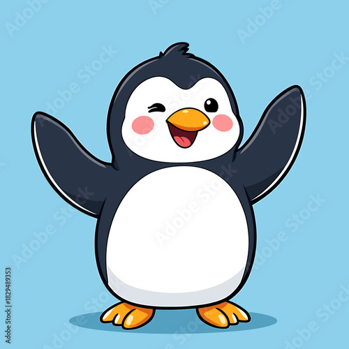 Cute cartoon penguin character winking and waving its wings in a cheerful pose. Adorable baby bird mascot illustration on a blue background