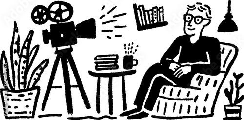 Cinema scene featuring a character sitting in a chair with a camera setup nearby. Black and white vector illustration with simple design elements.