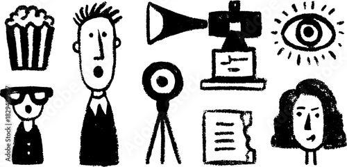 Popcorn and surprised person with microphone and camera illustrations. Black and white vector illustration set showcasing cinema and entertainment themes.