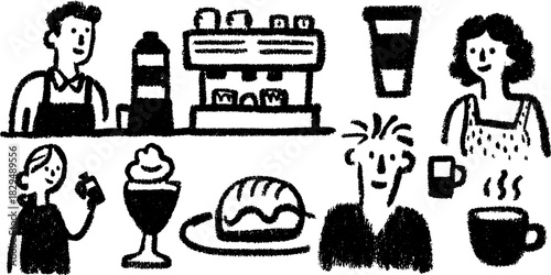 Cafe scene featuring a barista and customers enjoying coffee, dessert, and ice cream. Simple black and white vector illustration set in a social environment.