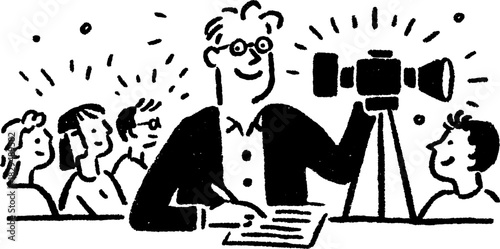 Presenter with a camera addressing an audience during a lecture. Simple vector illustration showcasing education and communication in a set format.