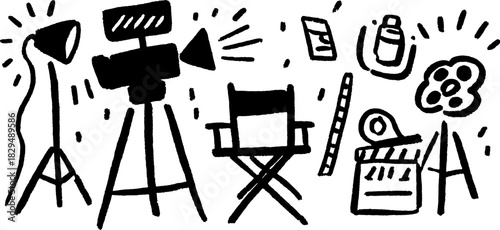 Film production elements in a simple black and white vector illustration. Features a camera, light, director's chair, and clapperboard set.