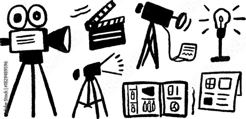 Camera and film elements in black and white. Simple vector illustration for media production and creative storytelling set.
