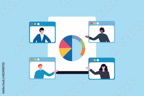 Online business meeting with pie chart presentation and diverse team members
