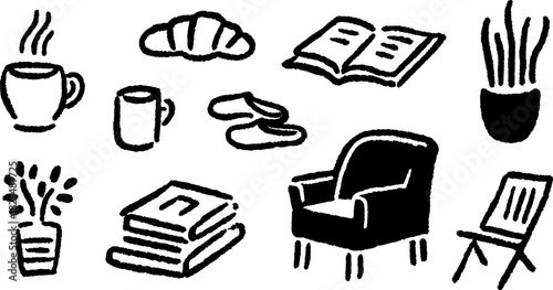 Cozy coffee and croissant with a book, chair, and plant. Simple black vector illustration set for a relaxed indoor environment.