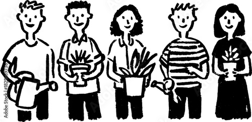 A group of people gardening with pots and tools. Simple black and white vector illustration showcasing a set of plants and gardening activities.