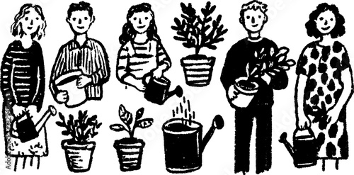 Gardening set with people watering plants. Simple black and white vector illustration of nature care and growth.
