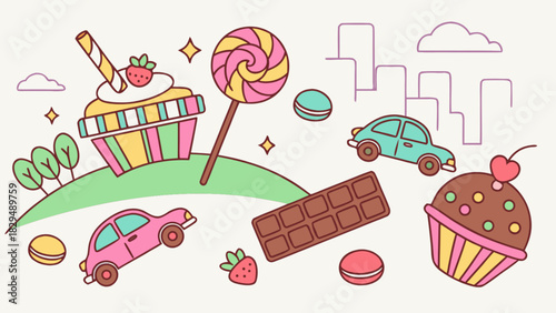 Illustration of sweets and cars with cupcakes lollipop macarons and a chocolate bar on a hill with trees