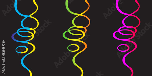 Colorful gradient ribbons with circular and wavy designs on black background