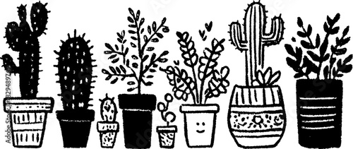 Various plants including cacti and succulents in pots. Simple black and white vector illustration showcasing a set of botanical elements.