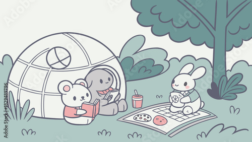 A cartoon picnic scene with a bear, elephant, and rabbit reading and enjoying snacks outdoors in nature