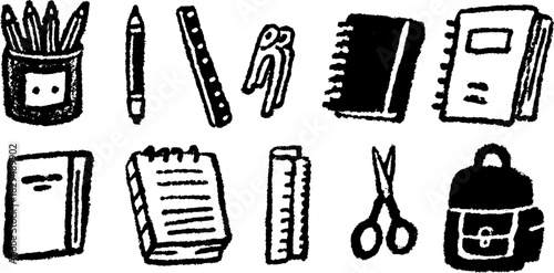 Stationery items including pencil, scissors, and notebook in a hand-drawn style. Colorful vector illustration of school supplies set.