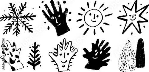 Simple snowflake, sun, star, and hand designs in a black and white vector illustration set. Unique elements with a modern style.