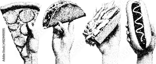 Food items including pizza, taco, and hotdog held by hands. Vintage engraving style presented as a vector illustration set.