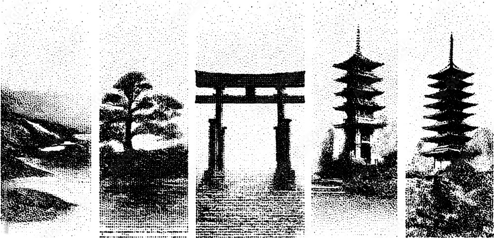 Fototapeta premium Landscape featuring traditional Japanese elements: torii gate, pagoda, and tree. Simple black and white vector illustration showcasing a scenic view.