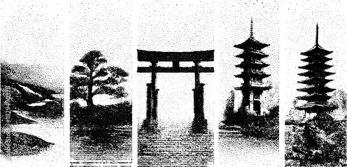 Landscape featuring traditional Japanese elements: torii gate, pagoda, and tree. Simple black and white vector illustration showcasing a scenic view.