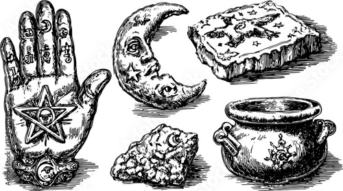 Hand with mystical symbols, moon and stars. Vintage vector illustration set featuring magical elements like a cauldron and pentacle.