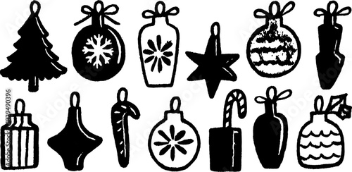 Christmas ornaments in various shapes such as a tree, star, and snowflake. Simple black and white vector illustration set for holiday design.