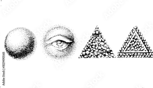 Shapes illustrated in a set: a circle, an eye, and two triangles with distinct textures. Black and white graphic design in vector illustration format.