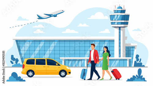 Man and woman with luggage heading to the airport terminal after arriving in a yellow shuttle van. Modern air travel concept illustration