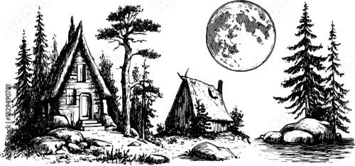 Illustration of two cabins by a river under a full moon. This vintage black and white vector set showcases a peaceful rural landscape surrounded by trees and rocks.