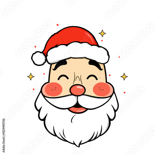 A cute cartoon illustration of Santa Claus's face with closed eyes, rosy cheeks, and a fluffy white beard, set on a transparent  background with festive stars.
