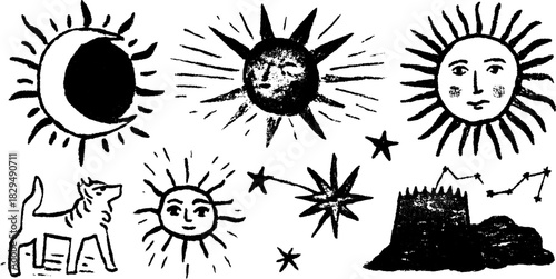 Set of celestial vector illustrations featuring sun, moon, and stars. Simple black and white design with vintage style.