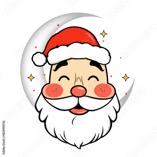 A delightful cartoon illustration of Santa Claus nestled within a crescent moon, exuding holiday cheer with a warm smile and rosy cheeks. Sparkling stars add a touch of magic to the png background.