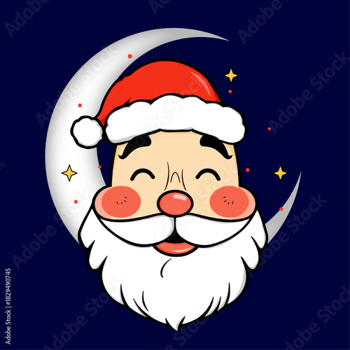 santa's dreamy crescent: a whimsical holiday night scene featuring a jolly santa face nestled within a crescent moon.