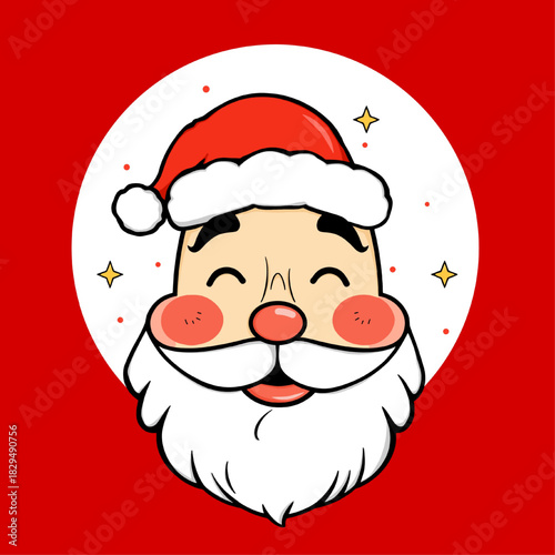 A cute cartoon illustration of Santa Claus's face, featuring a smiling expression, rosy cheeks, and a white beard, set against a red background with a white circle and small stars.