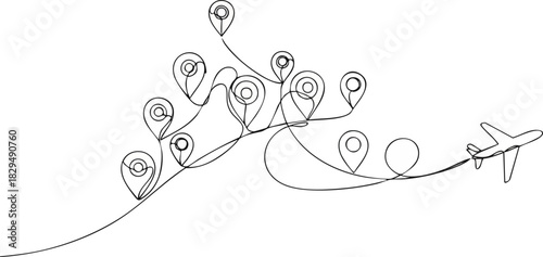 One continuous line of GPS icons connecting airplane route for travel and journey concept