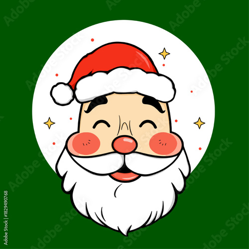 A charming illustration of Santa Claus's head, featuring a happy expression, red cheeks, and a classic red hat. The design has a clean, cartoonish style, set against a vibrant green background.