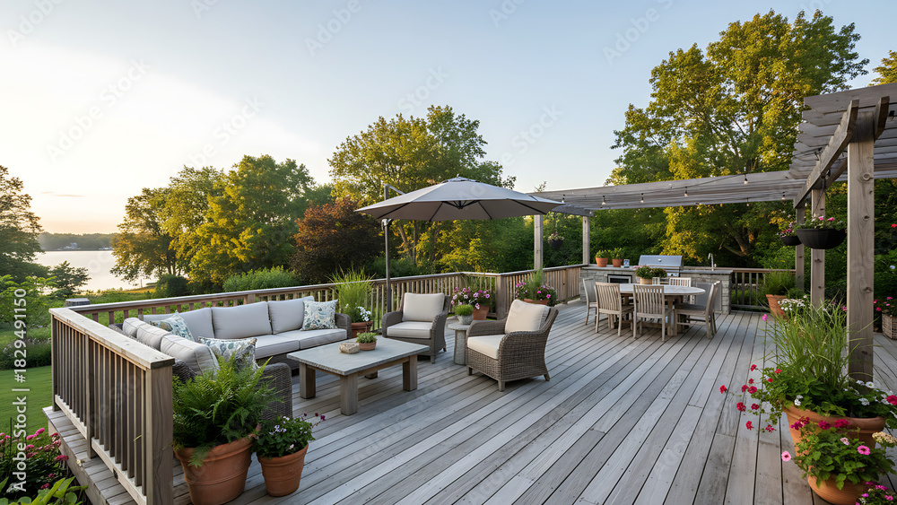 Obraz premium Spacious wooden deck with railing outdoor furniture and greenery ideal for enhancing outdoor living space 87202847 1