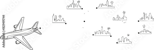 Global travel network concept with airplane and city skylines, rendered in a distinctive one continuous line art style, symbolizing interconnectedness