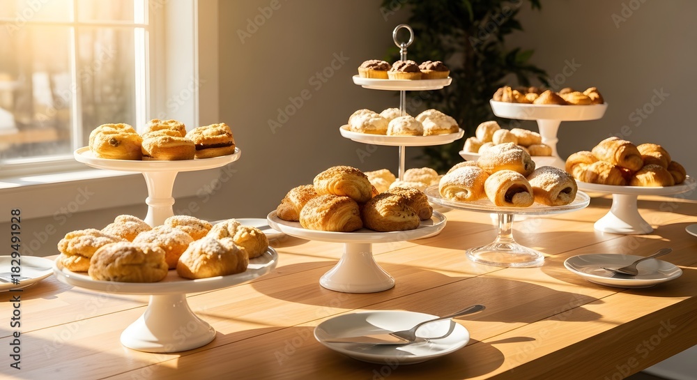 Naklejka premium An array of pastries arranged on a wooden table in front of a window