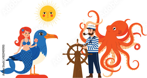 Fantasy and nautical characters vector illustration set, cute sailor man with octopus and mermaid riding seagull, colorful ocean life graphic for children's design