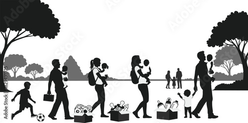 Families Walking in Park Silhouette Set Carrying Babies and Supplies, Vector Graphic of Parents and Children Going to Daycare or Outdoor Activity