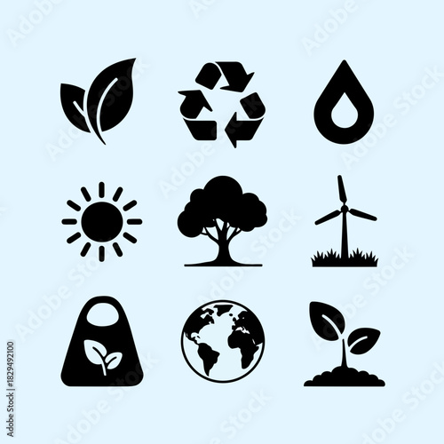 Set of nine black icons representing environmental sustainability concepts on