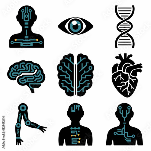 Collection of futuristic icons representing human body parts and technology, including brain, heart, eye, dna, and robotic arm, isolated on