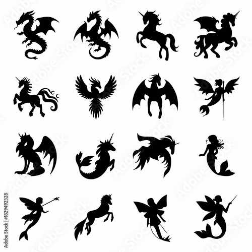 Collection of mythical creatures including dragons, unicorns, phoenixes, mermaids, and fairies in black silhouette style