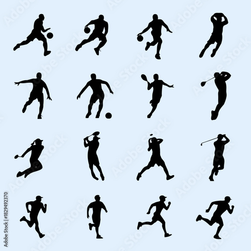 Silhouettes of athletes performing various sports activities including running, jumping, and playing with balls