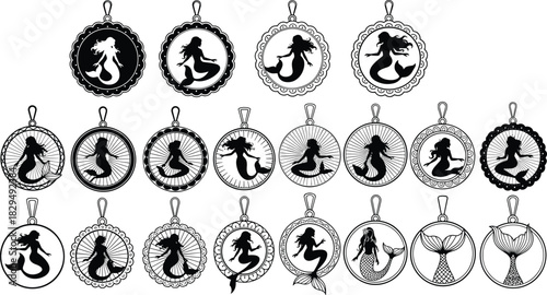 Mermaid silhouette pendant and earring vector collection, black mythical creature charms in various circular frames, fantasy jewelry graphic illustration set for cutting files